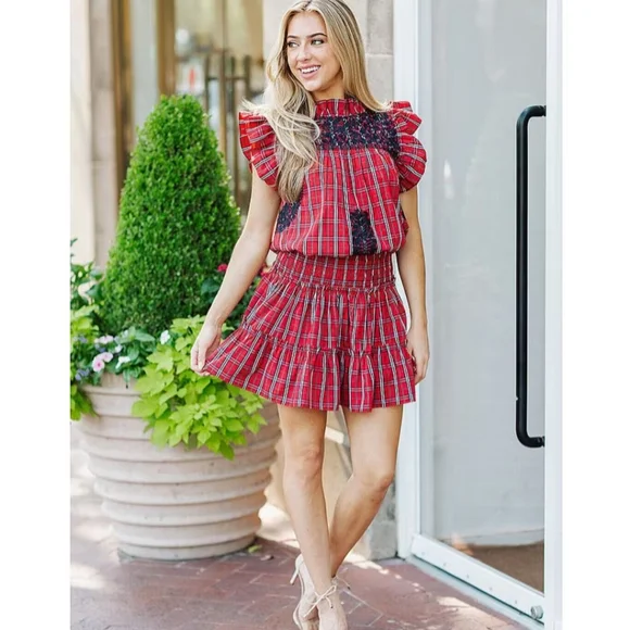 Rayna Embroidered Plaid Cap Sleeve Ruffle Neck Top